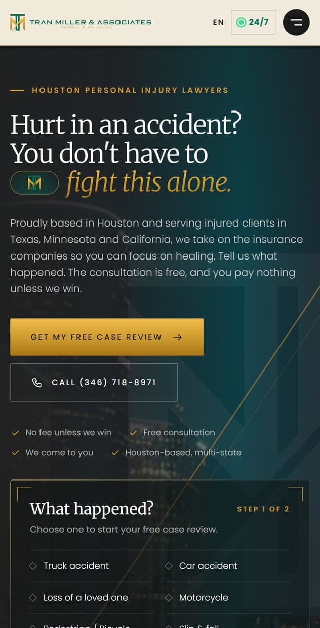 The Tran Miller & Associates website on a phone